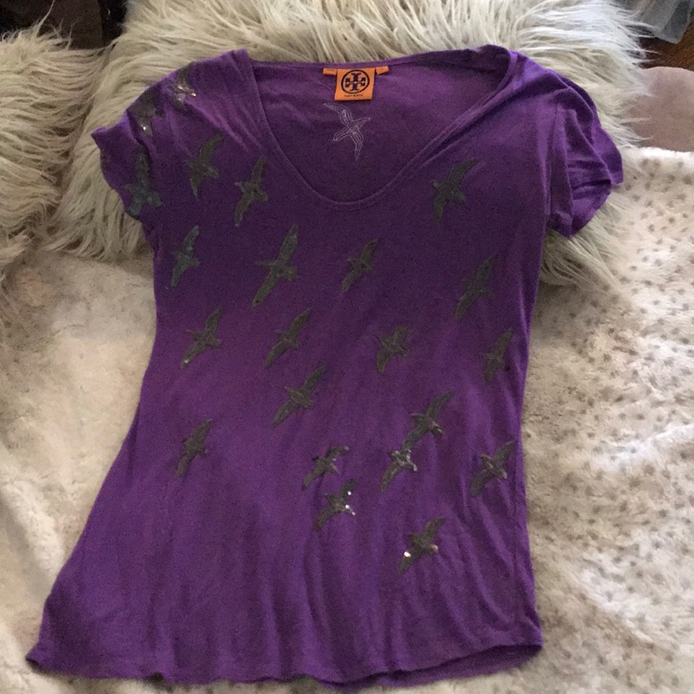 TORY BURCH SEQUINED BIRD VNECK SHIRT PURPLE 🦅 - Picture 8 of 8